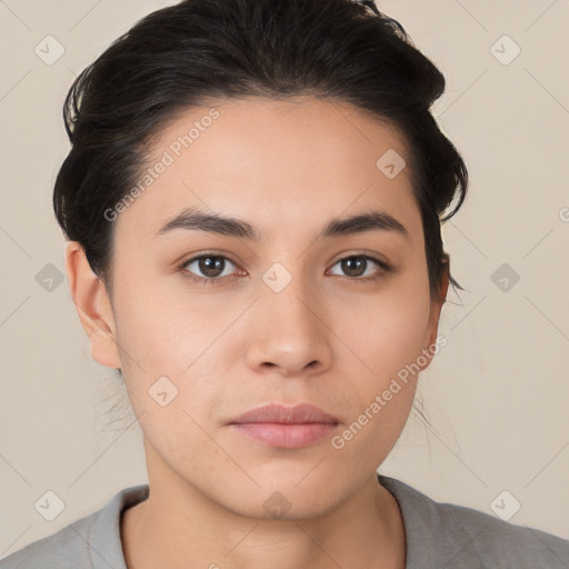 Neutral white young-adult female with short  brown hair and brown eyes