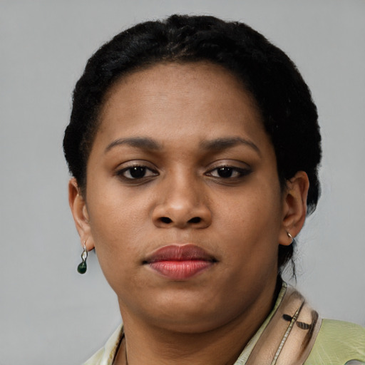 Neutral latino young-adult female with short  black hair and brown eyes