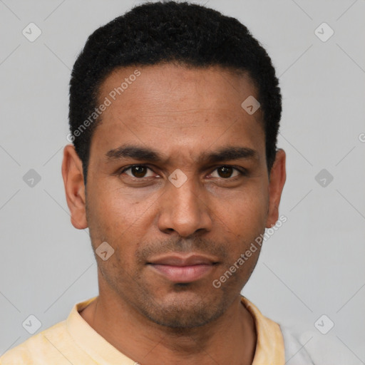 Neutral latino young-adult male with short  black hair and brown eyes