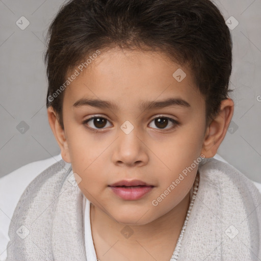 Joyful white child female with short  brown hair and brown eyes