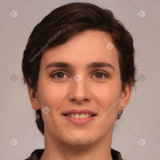 Joyful white young-adult female with medium  brown hair and brown eyes