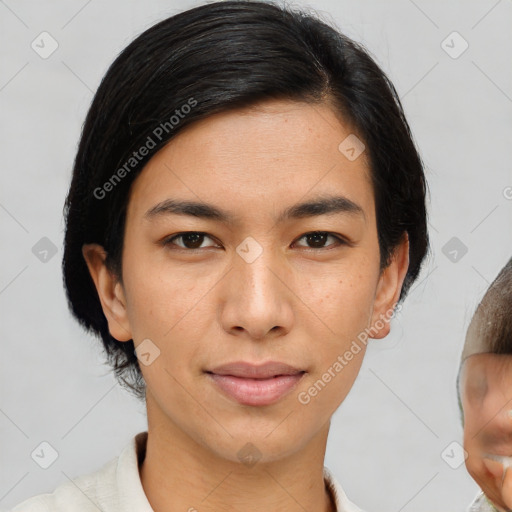 Joyful asian young-adult female with medium  brown hair and brown eyes