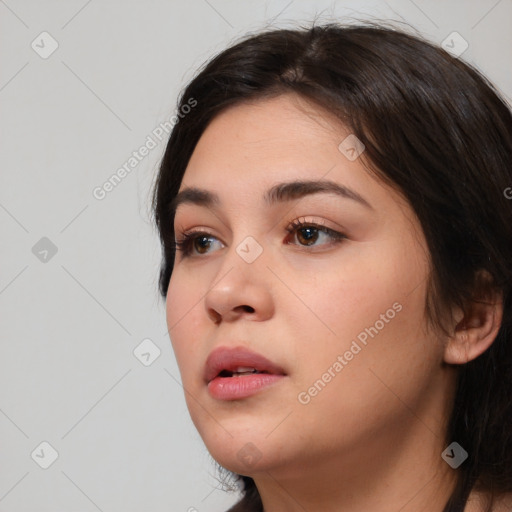 Neutral white young-adult female with medium  brown hair and brown eyes