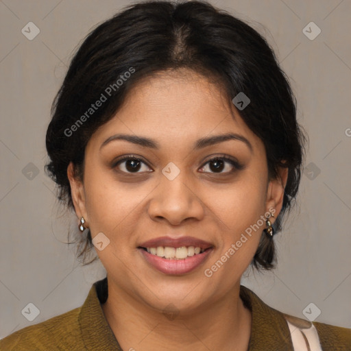 Joyful latino young-adult female with medium  brown hair and brown eyes