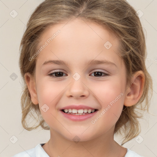 Joyful white child female with medium  brown hair and brown eyes