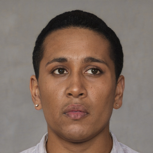 Neutral black young-adult male with short  black hair and brown eyes