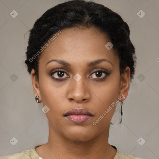 Neutral latino young-adult female with short  black hair and brown eyes