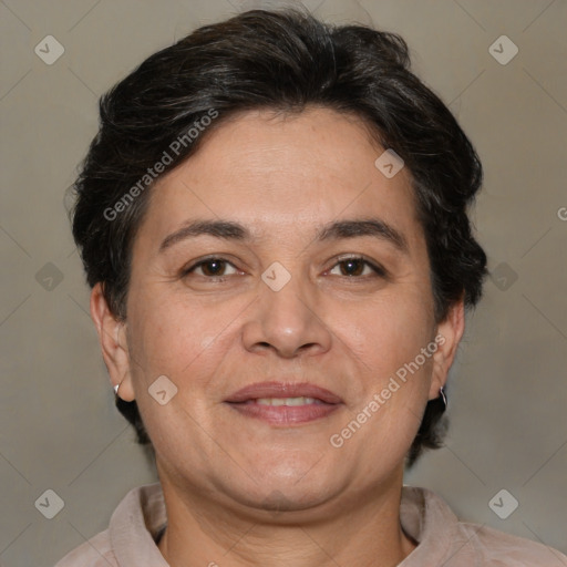 Joyful white adult female with short  brown hair and brown eyes