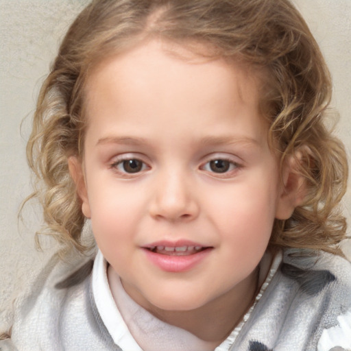 Joyful white child female with medium  brown hair and blue eyes