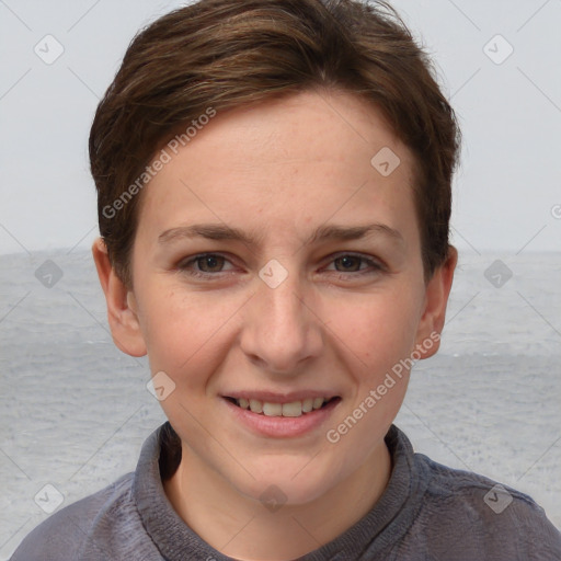 Joyful white young-adult female with short  brown hair and grey eyes