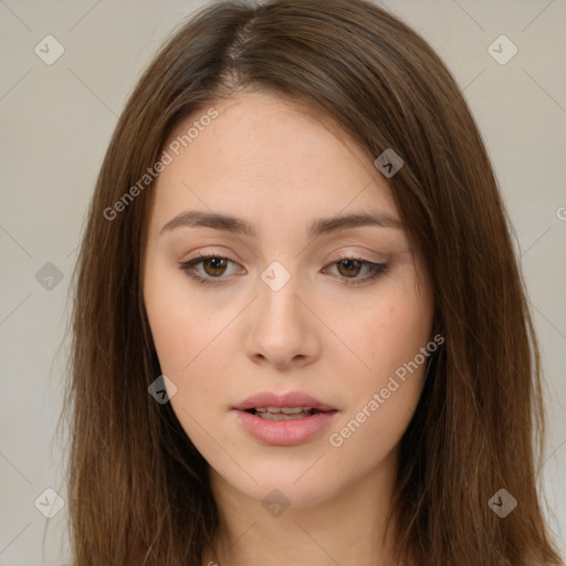 Neutral white young-adult female with long  brown hair and brown eyes