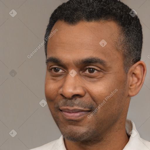 Joyful black adult male with short  black hair and brown eyes