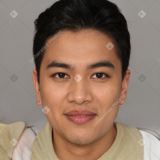 Joyful latino young-adult male with short  brown hair and brown eyes