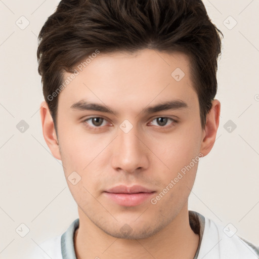 Neutral white young-adult male with short  brown hair and brown eyes