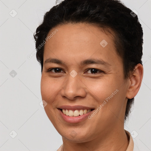 Joyful white young-adult female with short  brown hair and brown eyes