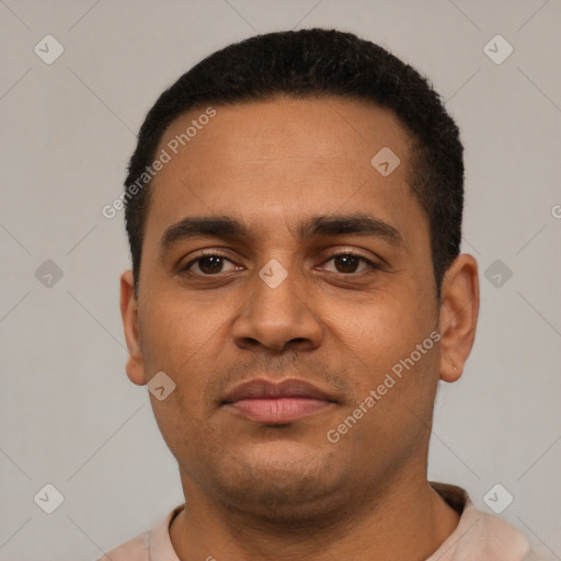 Neutral latino young-adult male with short  black hair and brown eyes