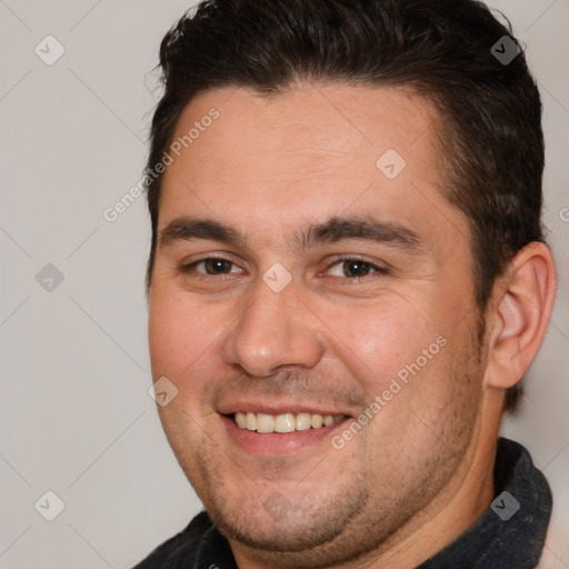 Joyful white young-adult male with short  brown hair and brown eyes