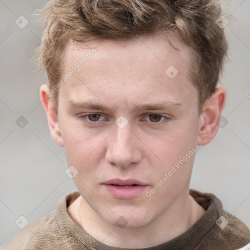 Neutral white young-adult male with short  brown hair and grey eyes