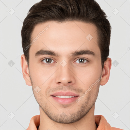 Joyful white young-adult male with short  brown hair and brown eyes