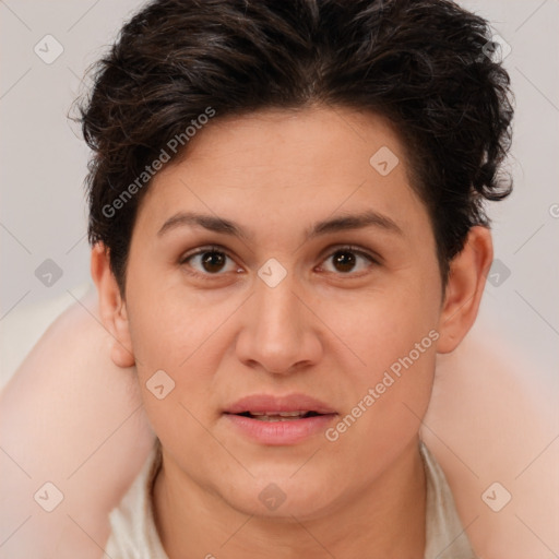 Joyful white young-adult female with short  brown hair and brown eyes