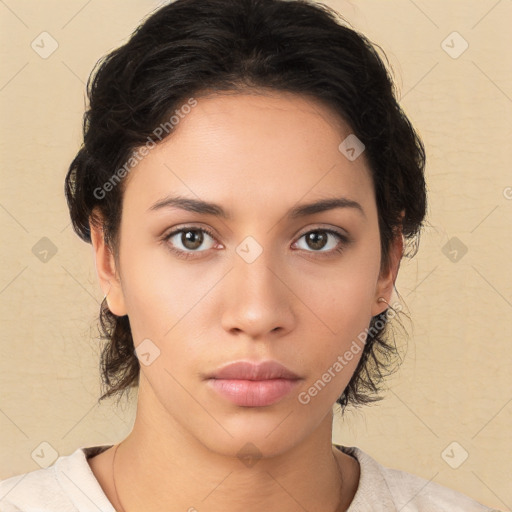 Neutral white young-adult female with medium  brown hair and brown eyes