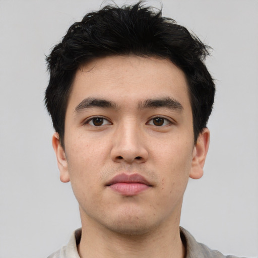 Neutral asian young-adult male with short  black hair and brown eyes