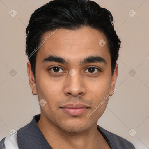 Neutral latino young-adult male with short  black hair and brown eyes