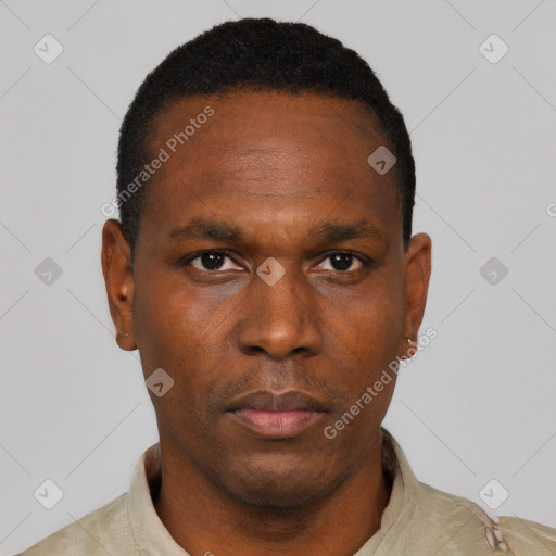 Neutral black young-adult male with short  black hair and brown eyes