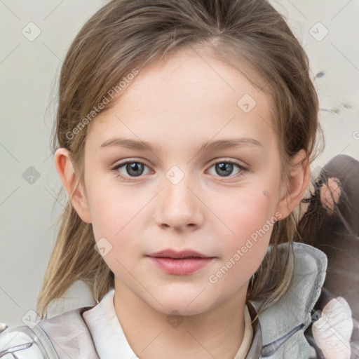 Neutral white child female with medium  brown hair and grey eyes