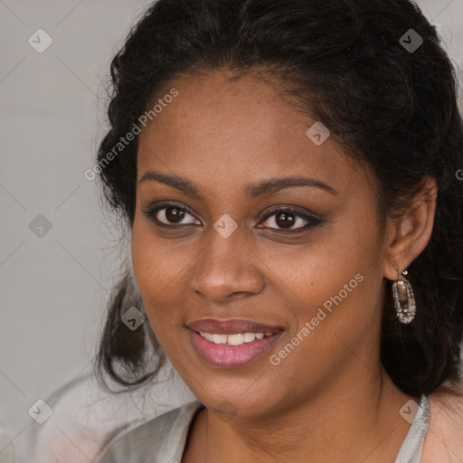 Joyful black young-adult female with medium  brown hair and brown eyes