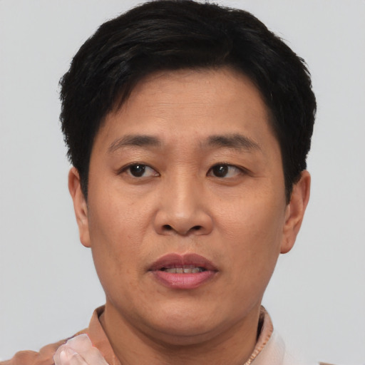 Joyful asian adult male with short  black hair and brown eyes