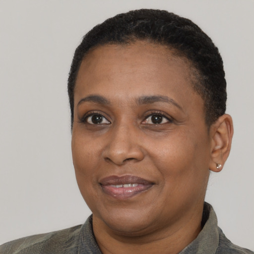 Joyful black adult female with short  black hair and brown eyes