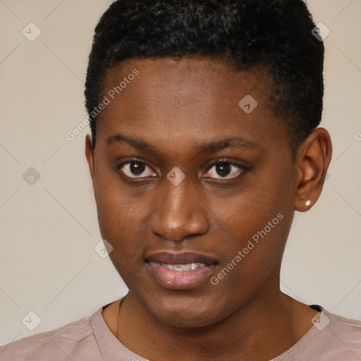 Neutral black young-adult female with short  brown hair and brown eyes