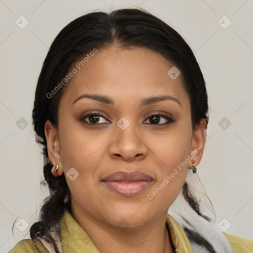Joyful latino young-adult female with medium  brown hair and brown eyes