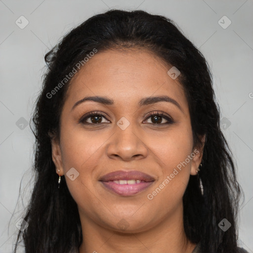 Joyful latino young-adult female with long  brown hair and brown eyes