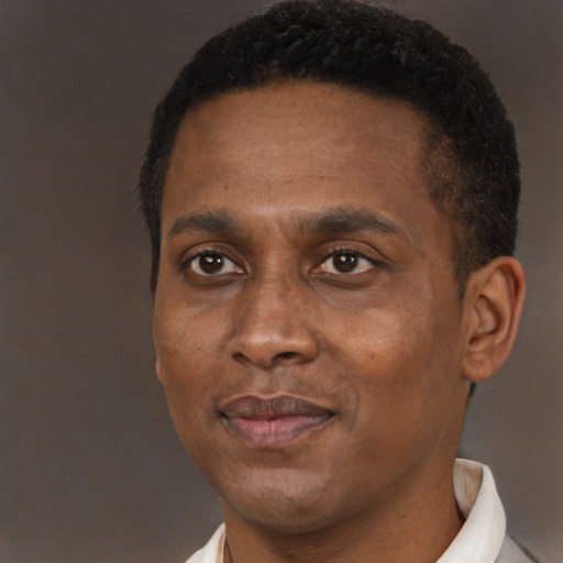 Joyful black adult male with short  brown hair and brown eyes