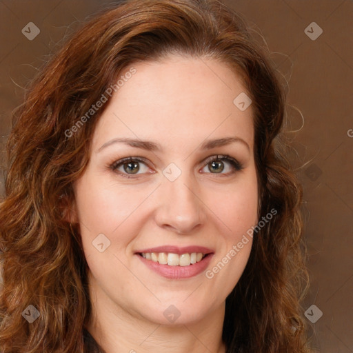 Joyful white young-adult female with long  brown hair and green eyes