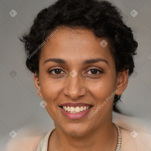 Joyful latino young-adult female with short  brown hair and brown eyes