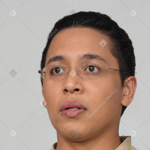 Neutral latino young-adult male with short  black hair and brown eyes