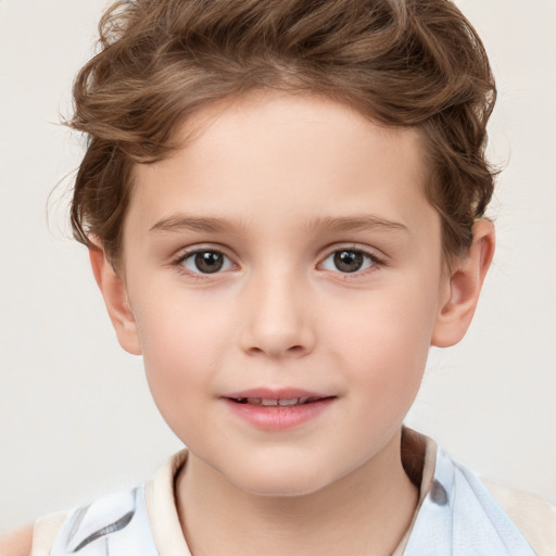 Joyful white child female with short  brown hair and brown eyes