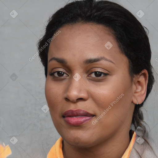 Joyful black young-adult female with short  brown hair and brown eyes