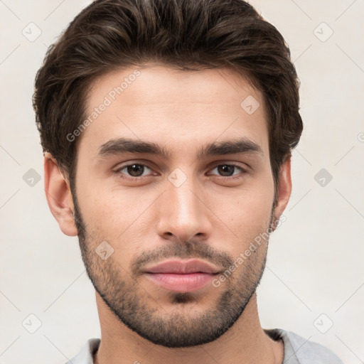 Neutral white young-adult male with short  brown hair and brown eyes