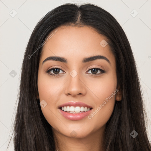 Joyful latino young-adult female with long  black hair and brown eyes