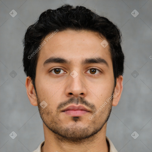 Neutral latino young-adult male with short  black hair and brown eyes