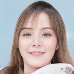 Joyful white child female with long  brown hair and grey eyes