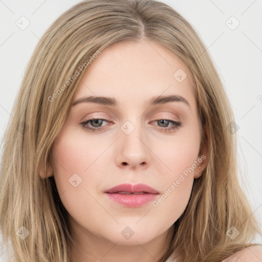 Neutral white young-adult female with long  brown hair and grey eyes