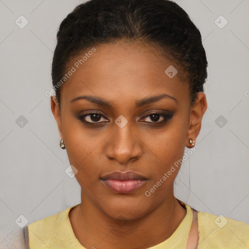 Neutral black young-adult female with short  black hair and brown eyes