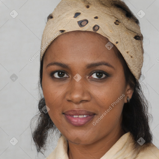 Joyful black young-adult female with medium  black hair and brown eyes