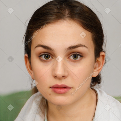 Neutral white young-adult female with medium  brown hair and brown eyes