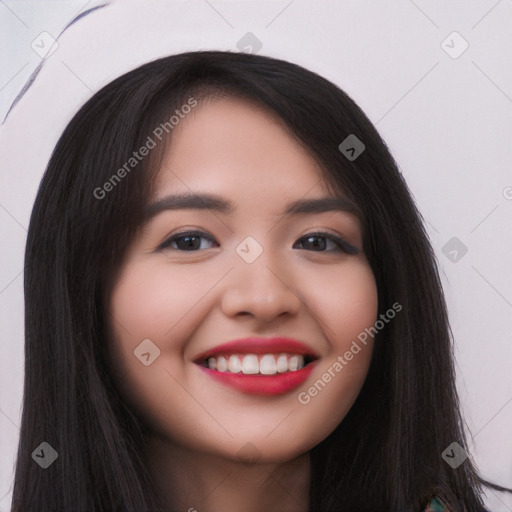 Joyful white young-adult female with long  black hair and brown eyes